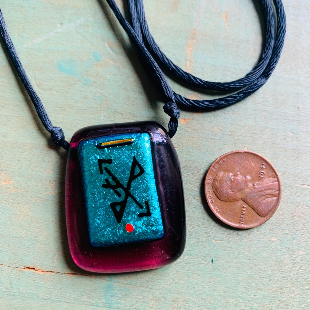 Unique Dichroic Purple & Shimmering Teal Glass Symbol Pendant